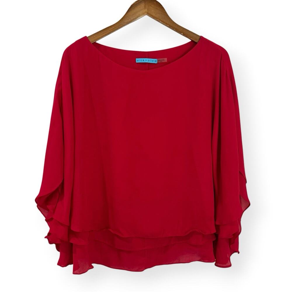 Alice + Olivia Flowy Silk Blouse M Red Batwing Dolman Layered Chiffon Boat Neck